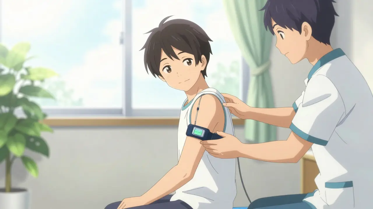 Person receiving physical therapy and using a TENS unit in a bright, hopeful room.