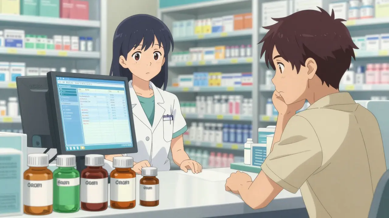 Pharmacist and patient at a counter discussing generic medication options.