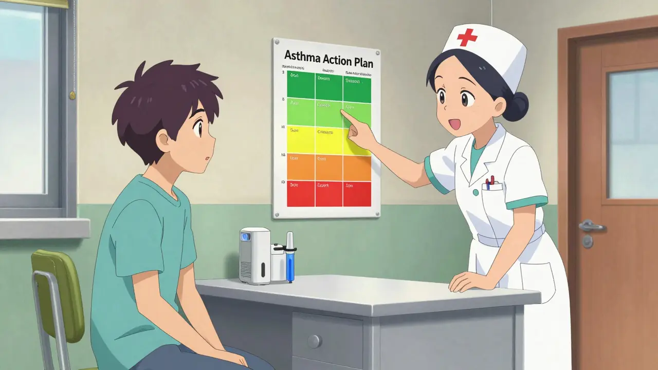 Teenager and school nurse reviewing an asthma action plan in a clinic