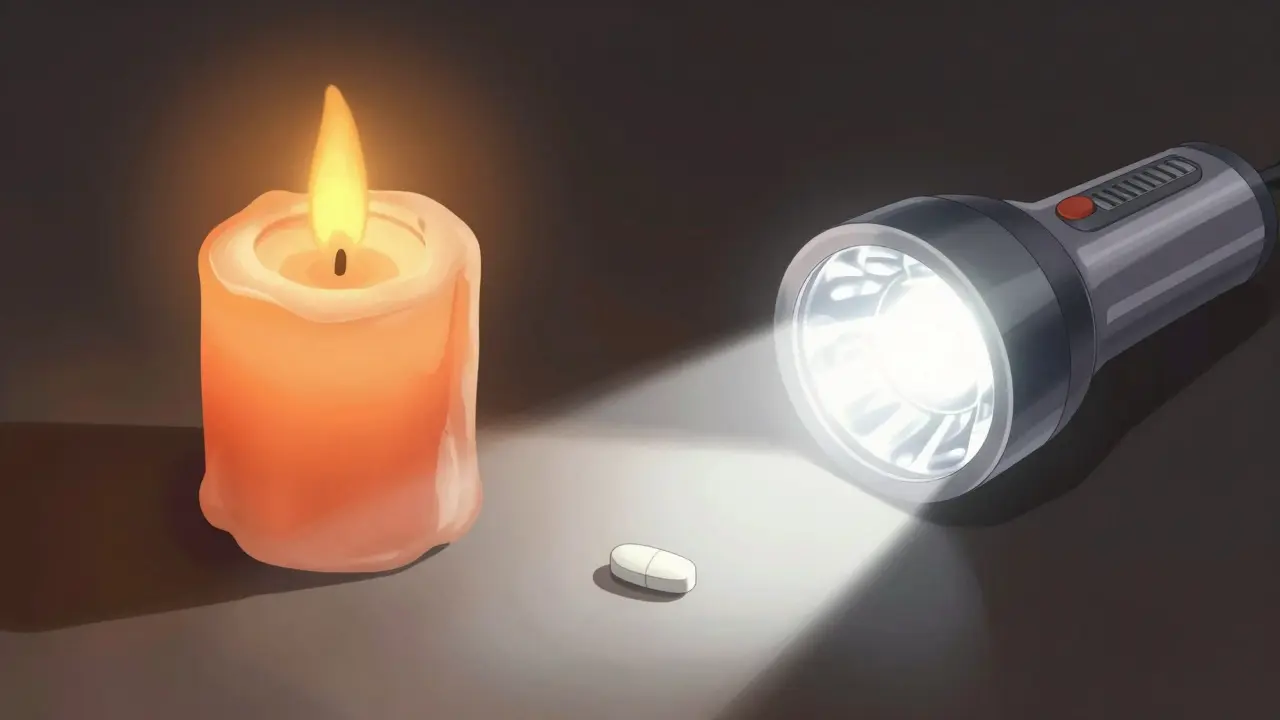 Visual comparison of a slow-burning candle and a bright LED flashlight symbolizing two medications.