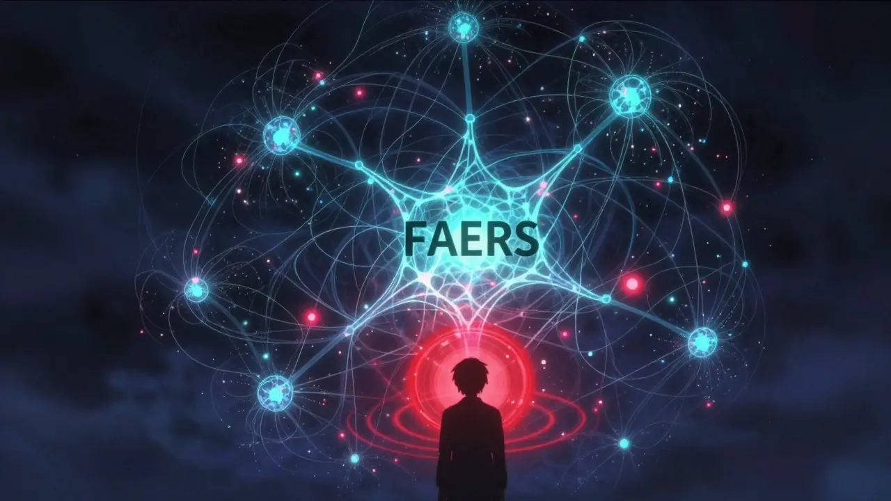 Abstract anime art showing data streams forming a glowing network, representing the FDA adverse event reporting system.