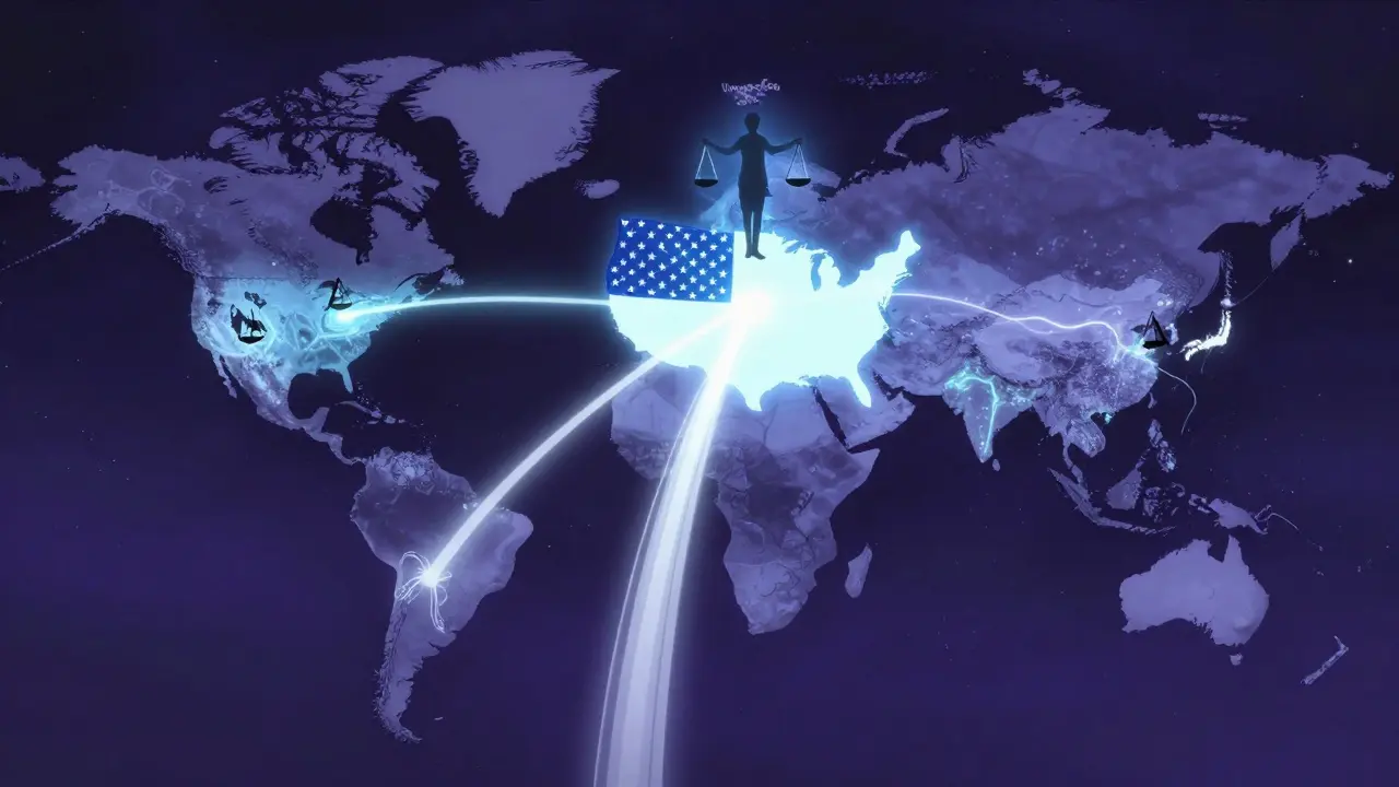 Anime concept art of global pharma connections and US pricing policy balance.