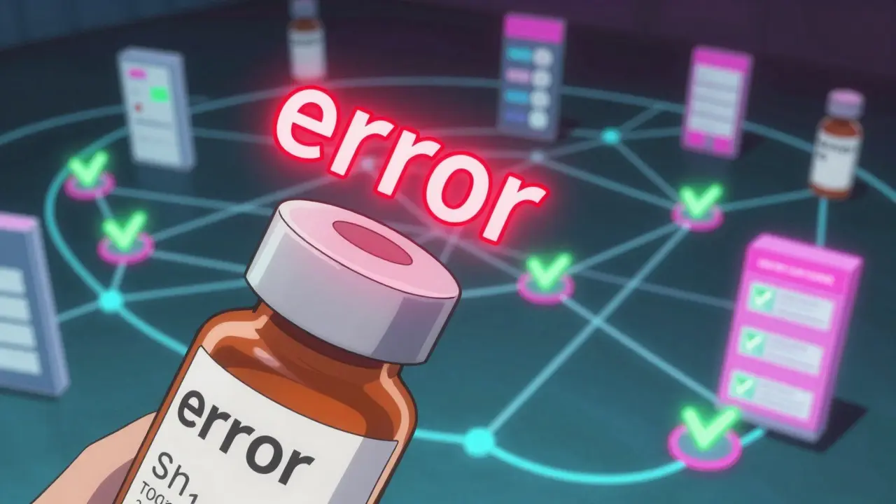 Anime illustration showing a prescription bottle with an error symbol vs hospital network.