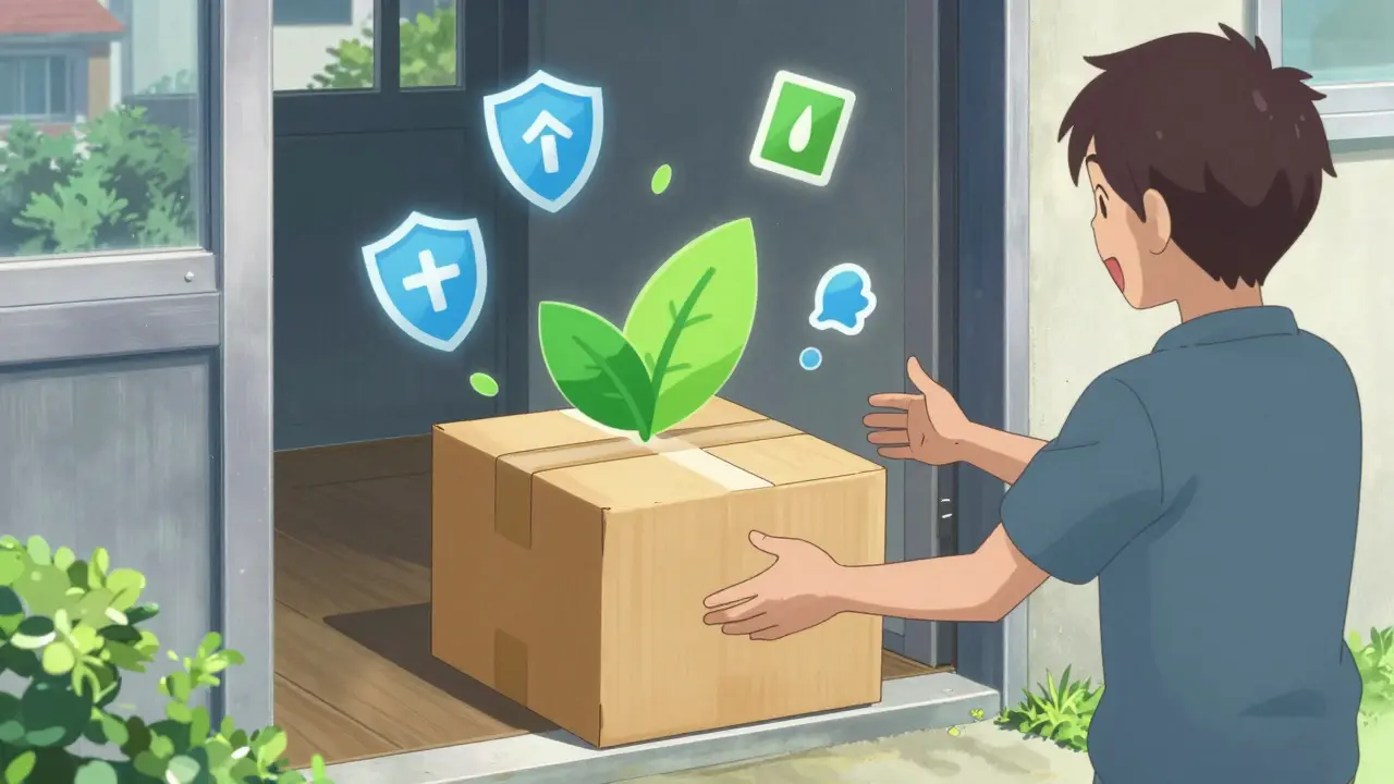 Delivery box on doorstep with symbols of savings and security