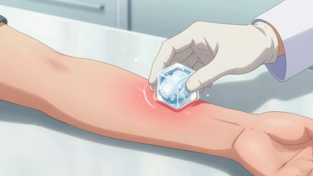Doctor performing ice cube test on arm showing red welt in anime style