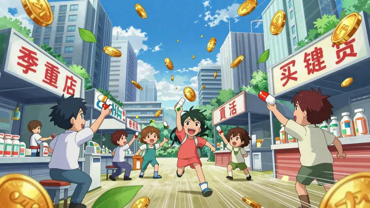 Dynamic anime scene showing competitive generic drug vendors lowering prices.