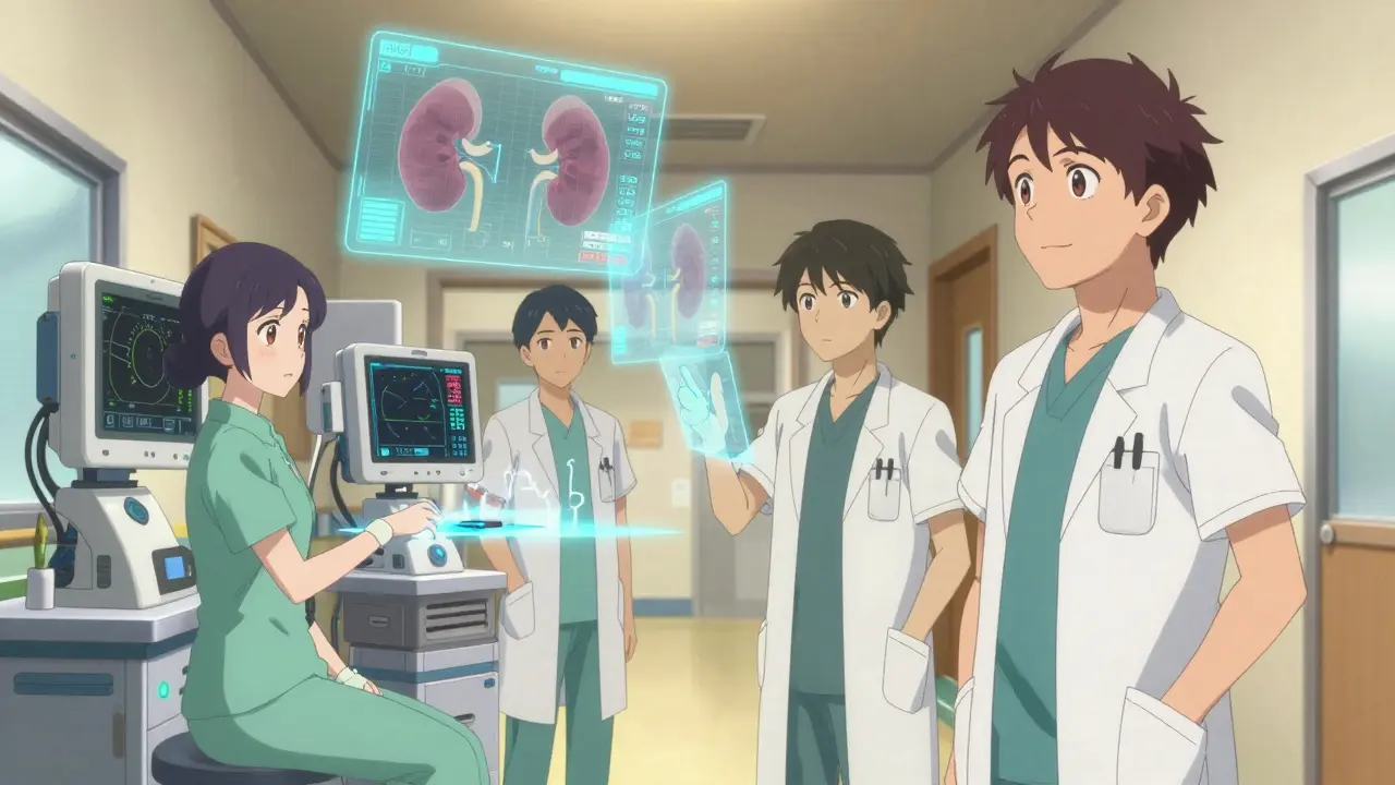 Medical team using AI monitors for kidney protection protocols
