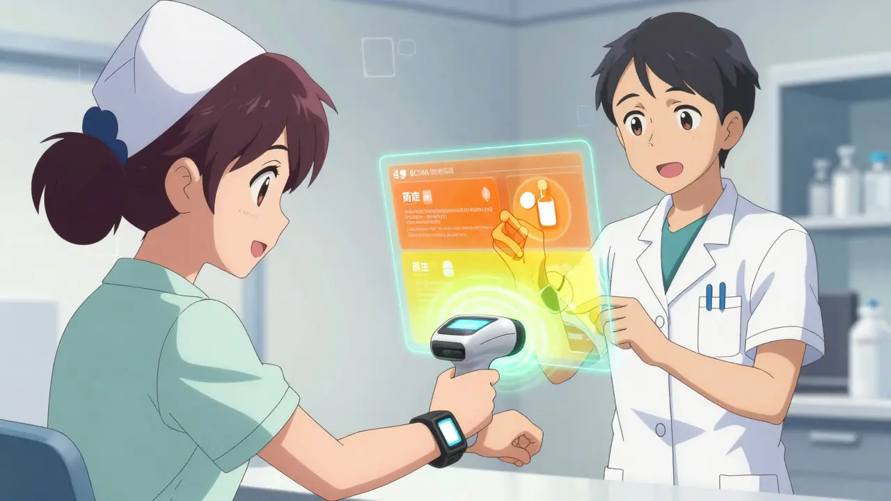 Nurse scanning wristband and pharmacist using AI interface in anime style.