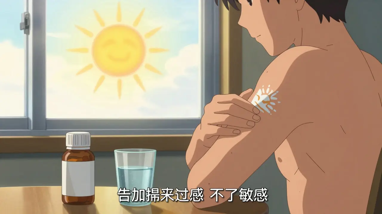 Person applying sunscreen near a medication bottle to avoid sun sensitivity