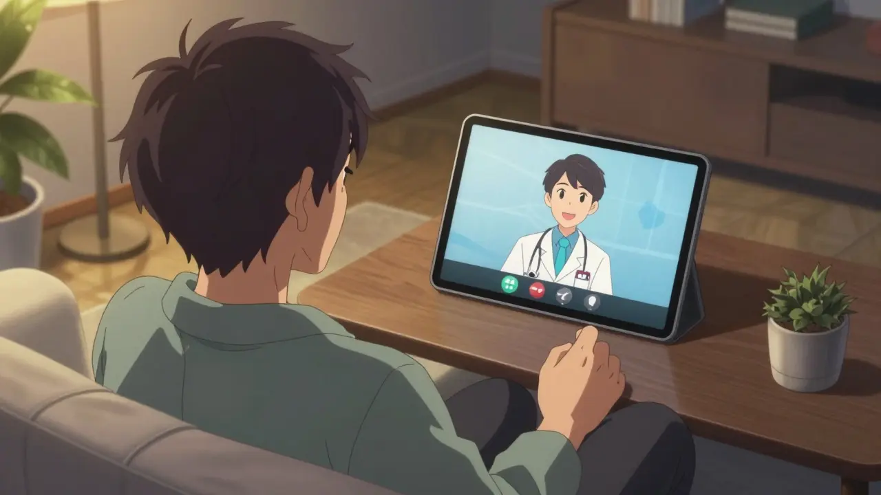 Person having a video call with a doctor on a tablet at home