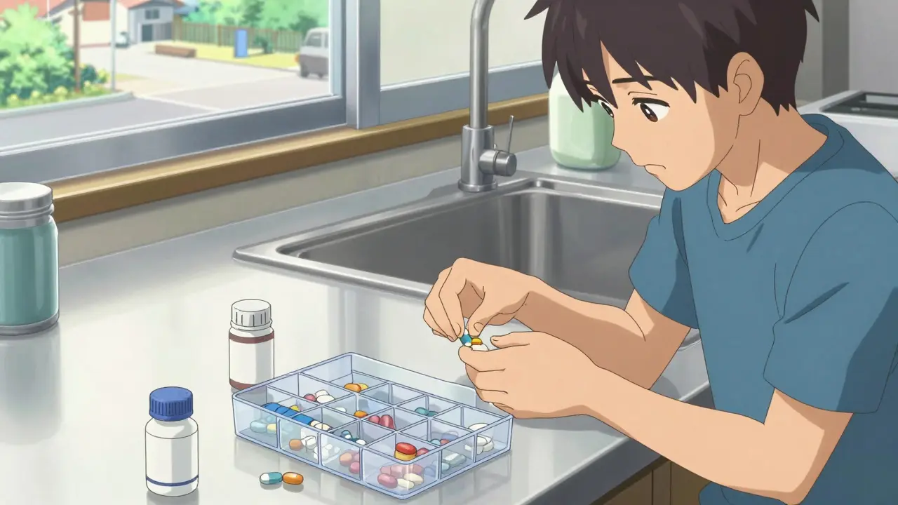 Person organizing pills safely on a clean kitchen counter