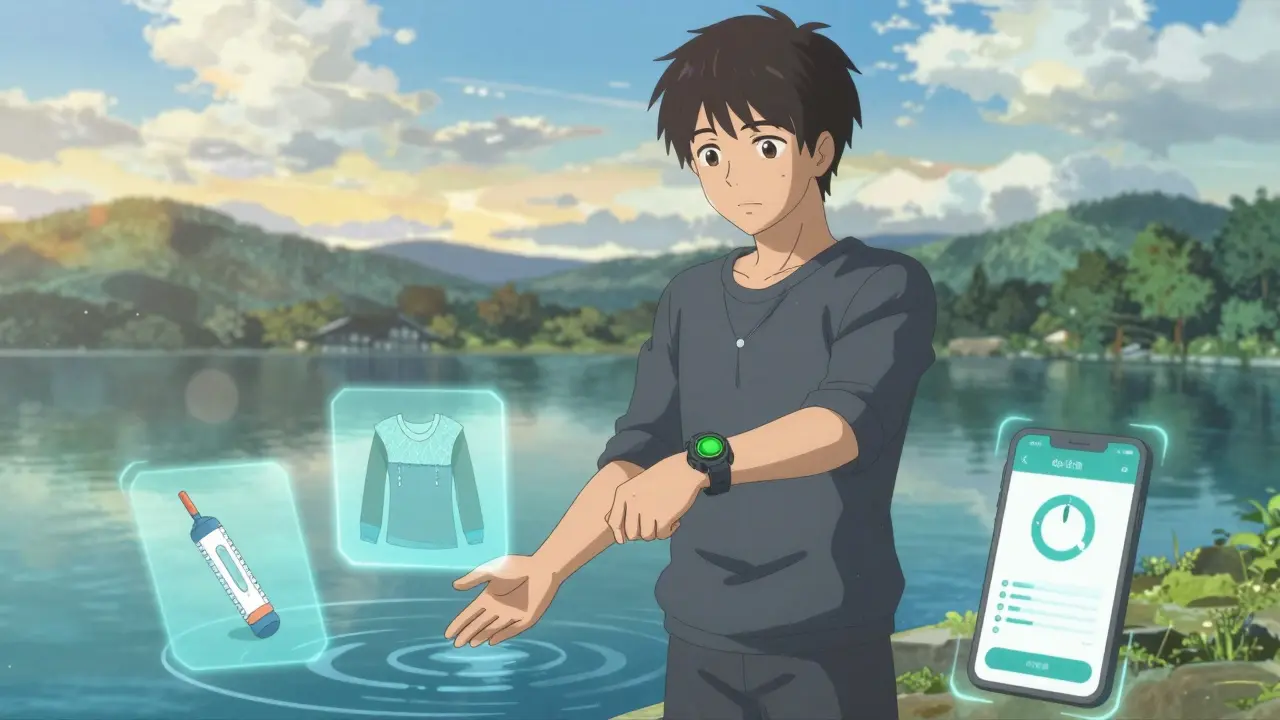 Person testing lake water temperature with safety gear in anime style