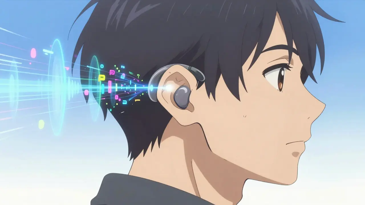 Person using hearing aids to filter noise and hear clearly