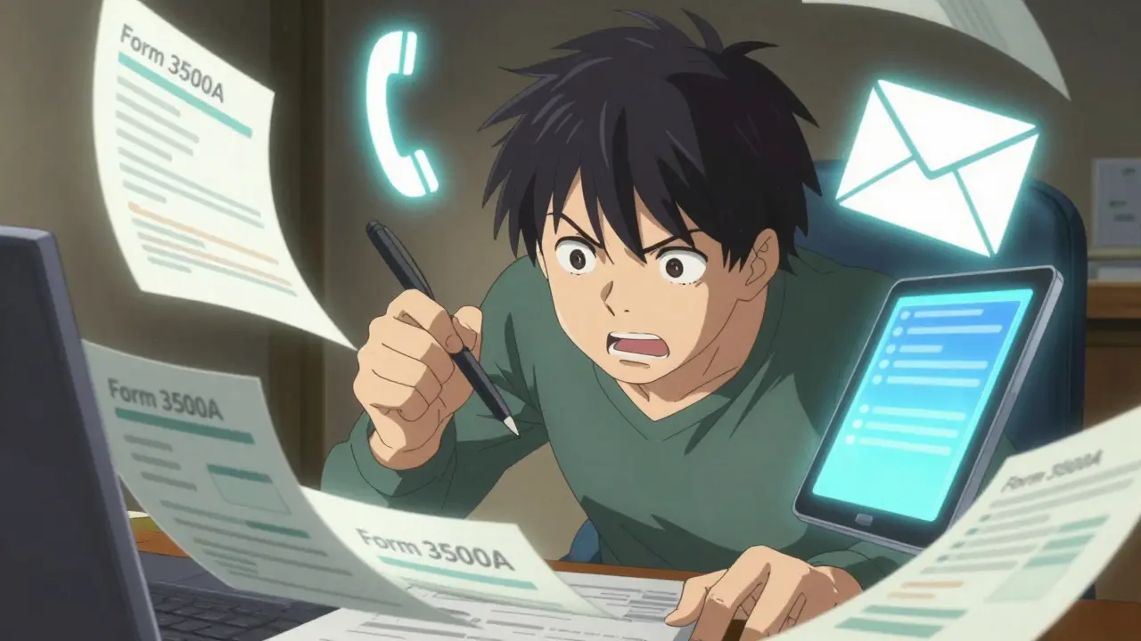 Science SARU style anime scene of a person filing a report, surrounded by floating icons for online, phone, and mail options.