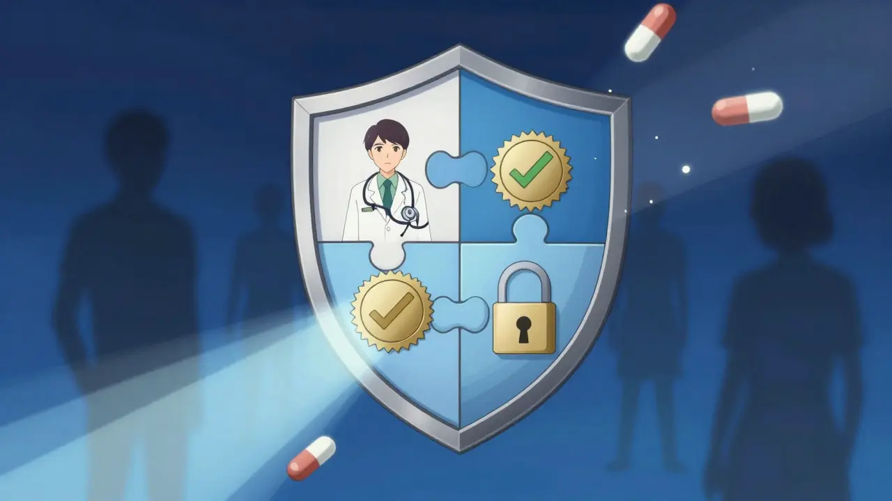 Shield symbol protecting against fake drugs with verification symbols.