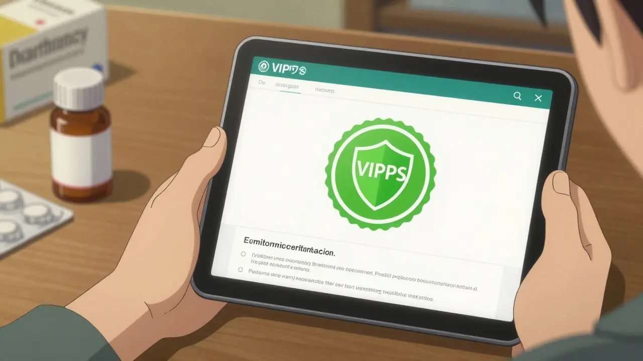 Verified pharmacy seal on tablet ensuring safe medication purchase
