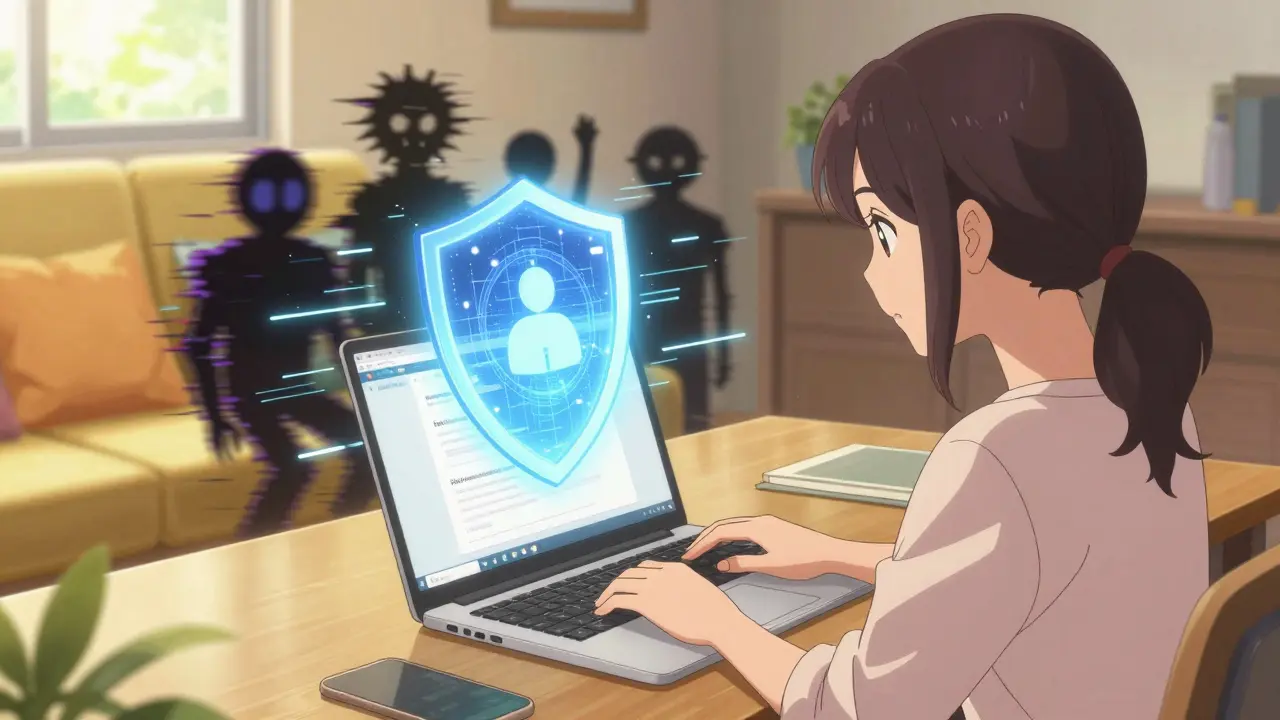 Woman safely ordering meds online with security shield protection