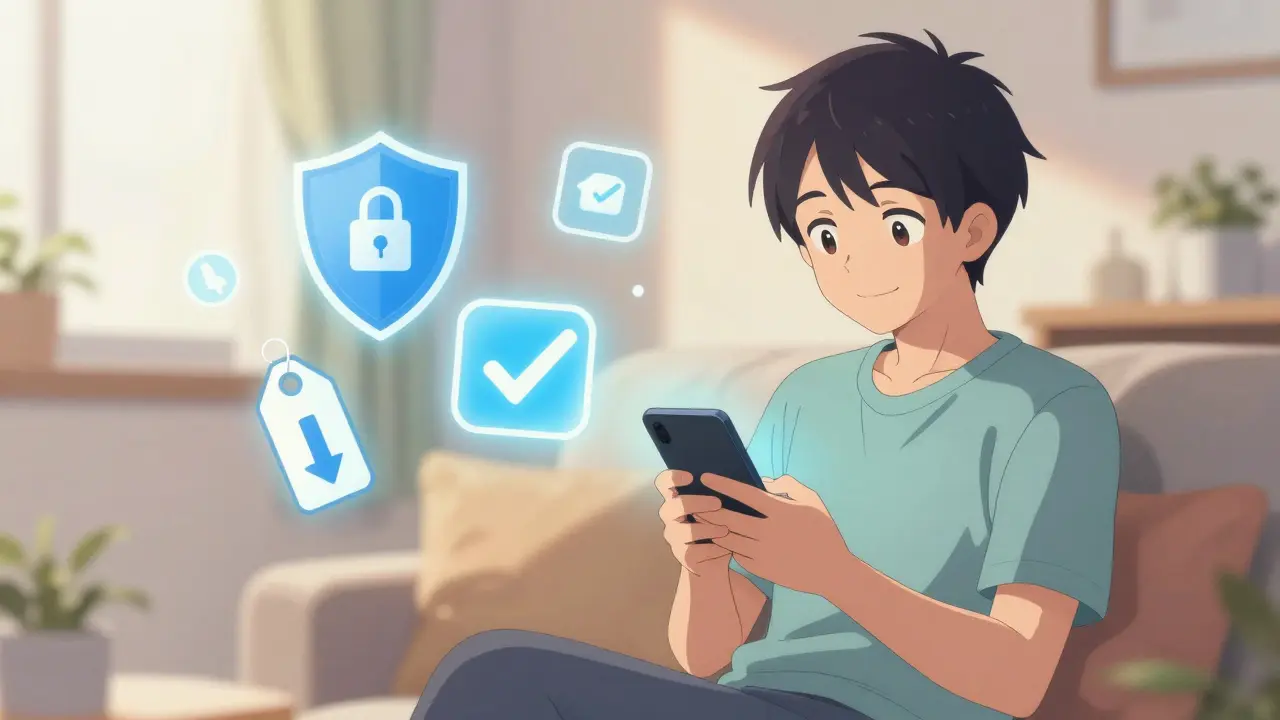 Anime character safely ordering medication online with security icons