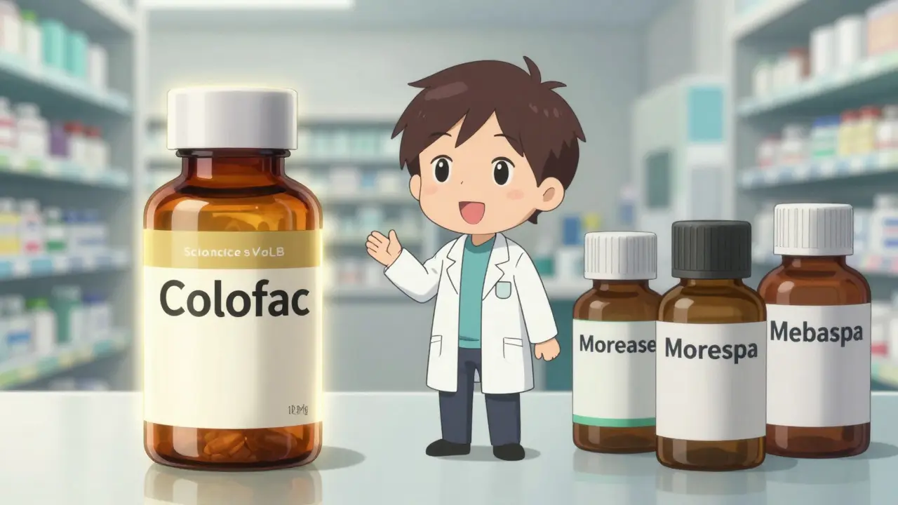 Anime pharmacist comparing brand name vs generic mebeverine bottles