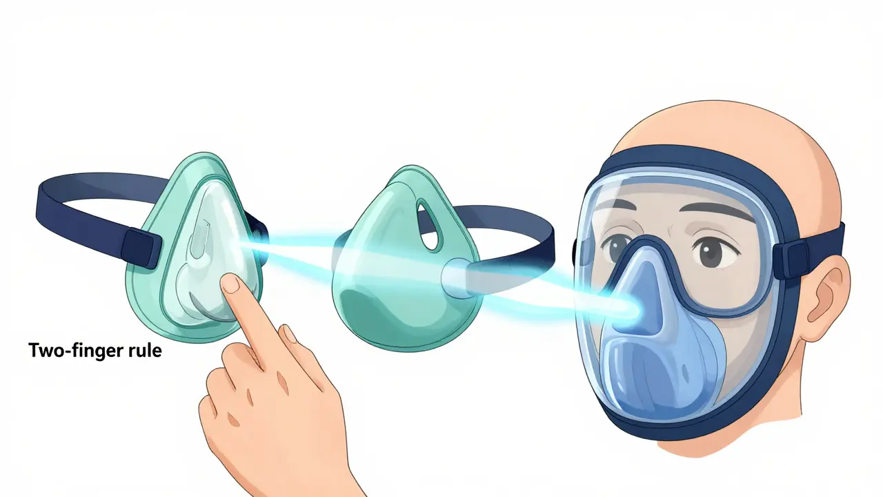 Anime style display of three CPAP mask types with airflow and fitting demonstration.