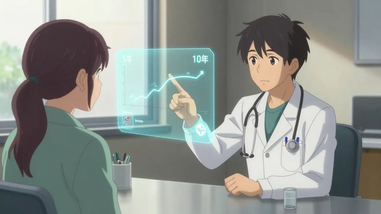 Anime style scene of an oncologist explaining treatment timelines and side effect management options to a breast cancer patient.