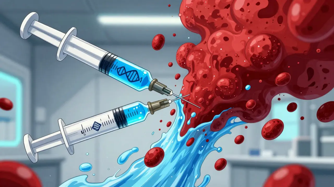 Blue medicine dissolving red cholesterol particles