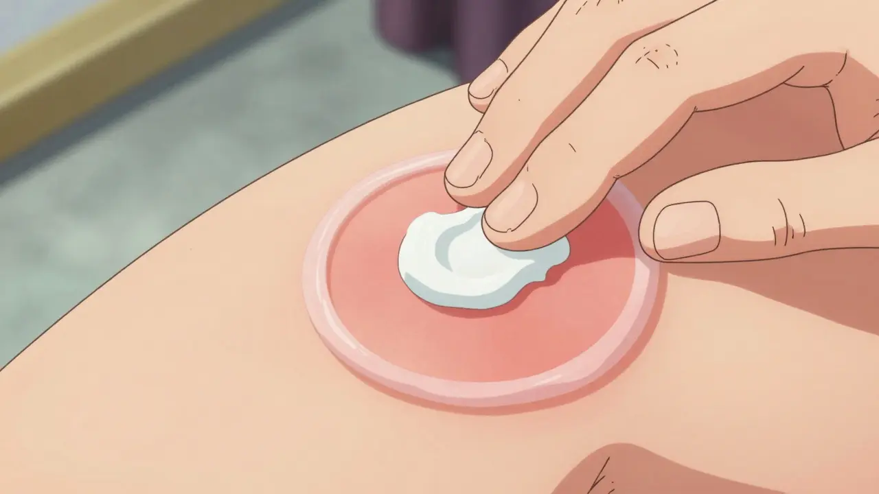 Close-up of hand applying cream to skin with protective barrier