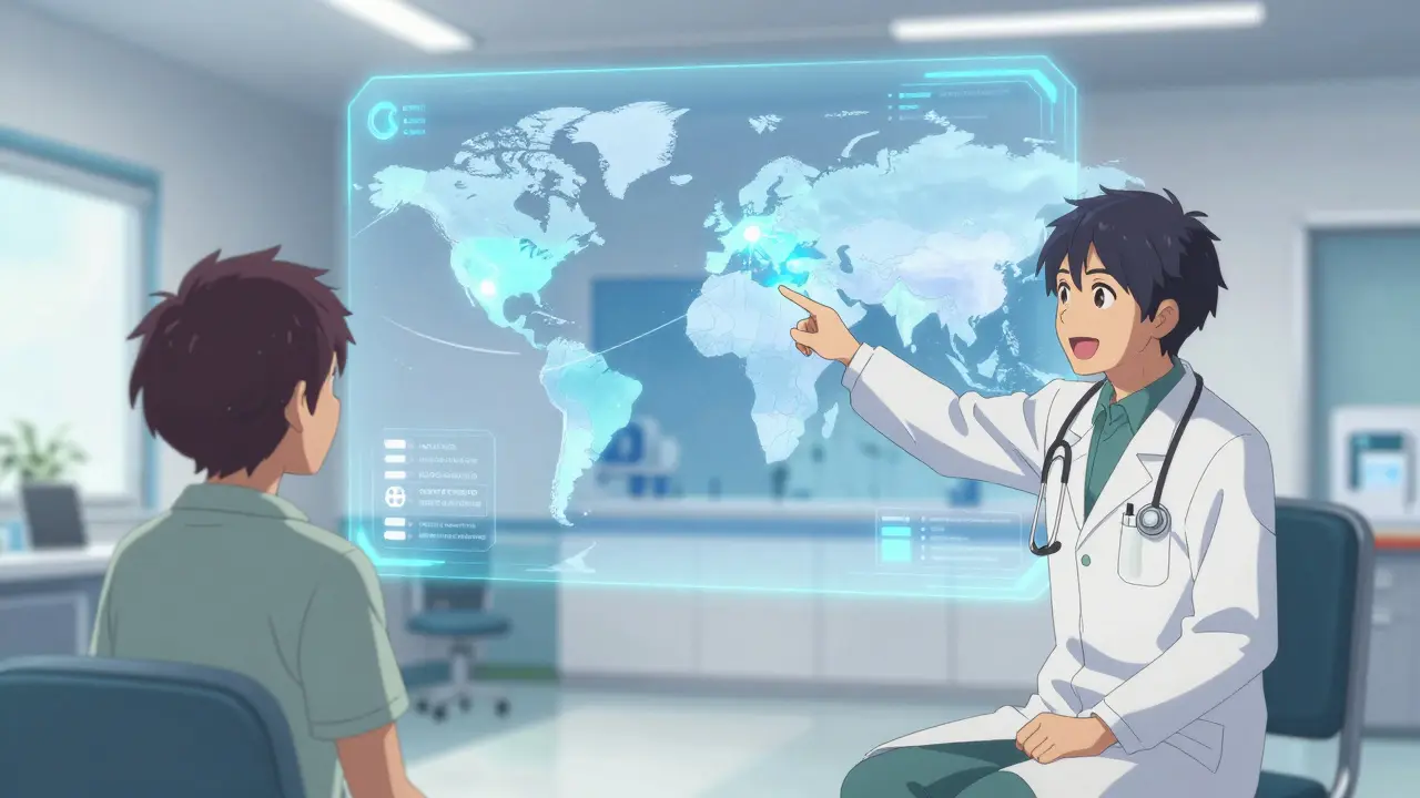 Doctor explaining global health risks using a holographic map in a clinic