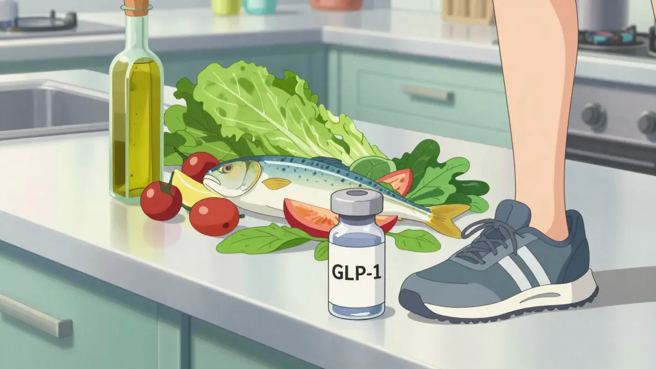 Fresh food and medicine vial symbolizing health synergy