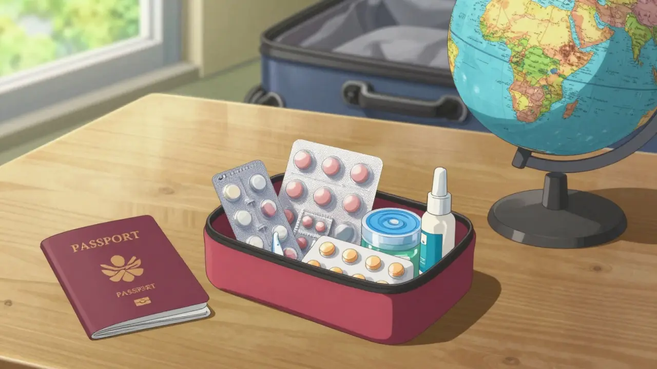 Organized travel medical kit with pills and supplies on a table
