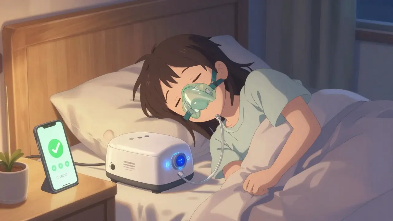 Person sleeping peacefully with CPAP machine, phone showing success score, warm lighting.