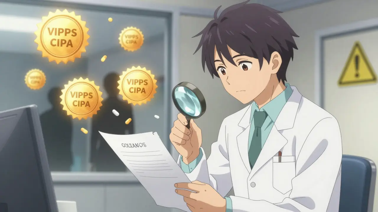 Pharmacist verifying prescription with glowing safety seals