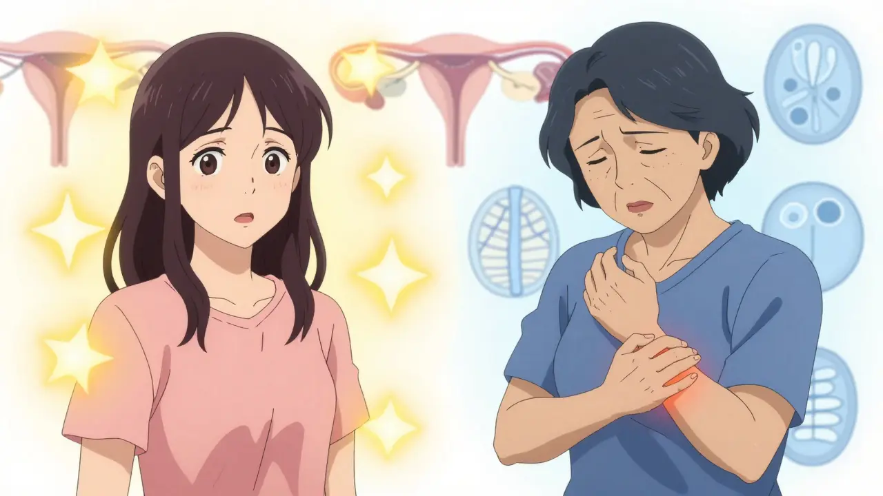 Science SARU style anime portraits contrasting premenopausal and postmenopausal women facing different hormone therapy side effects.