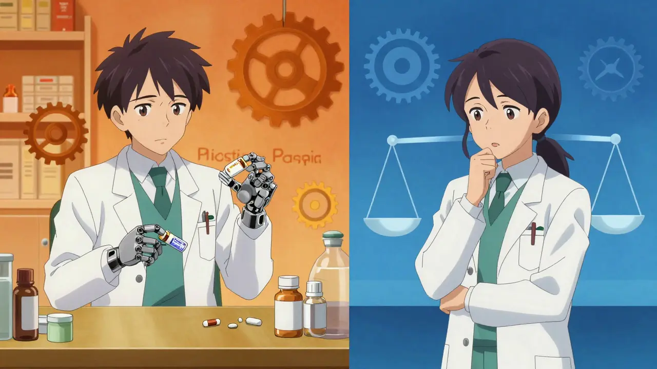 Split screen showing mandatory vs permissive drug substitution styles