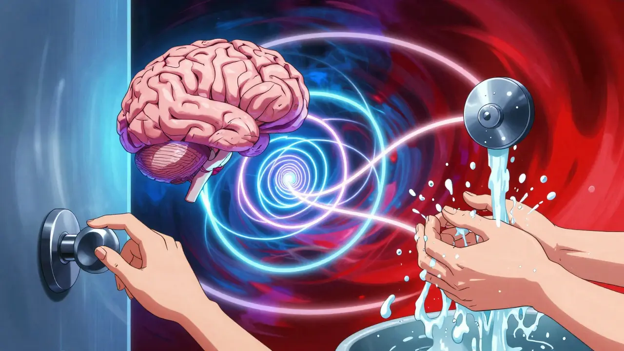 Surreal anime brain circuit showing OCD obsession and compulsion loop