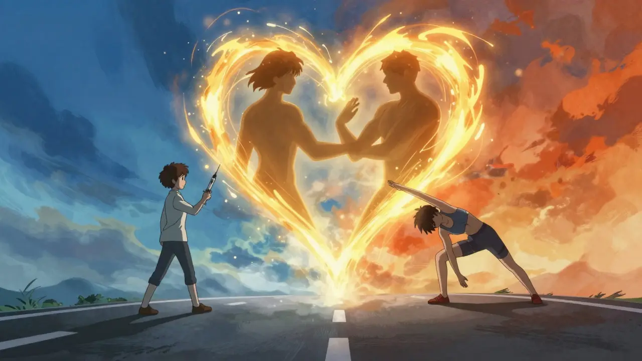 Two paths merging into a glowing heart shape