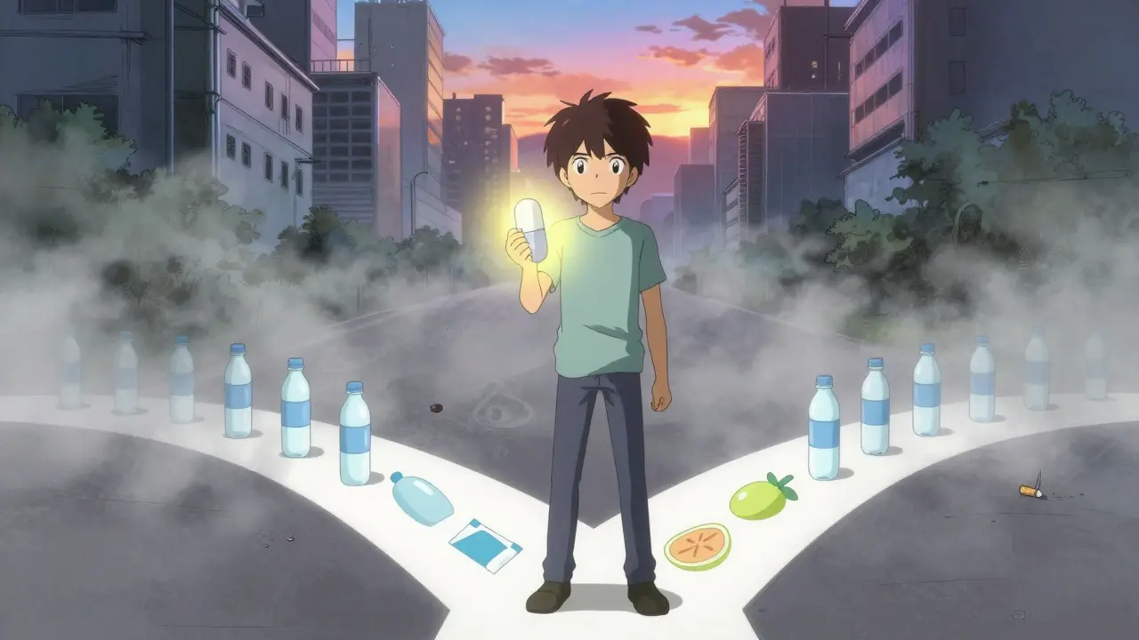Anime character choosing a healthy path with a glowing pill capsule