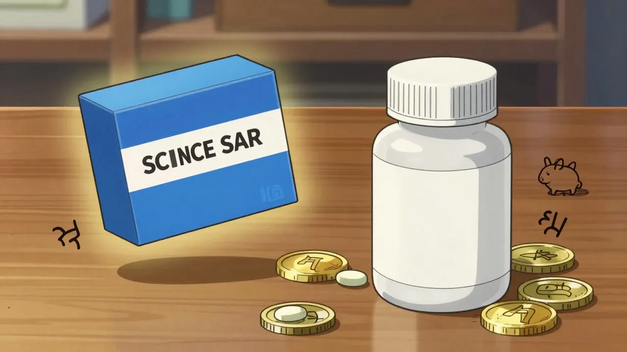 Anime comparison of expensive brand vs cheap generic pill bottles