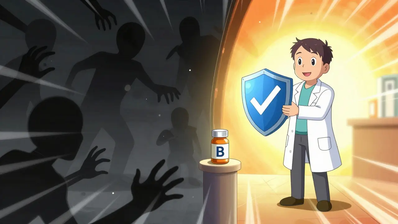 Anime split scene showing scam threats versus safe certified pharmacy shield