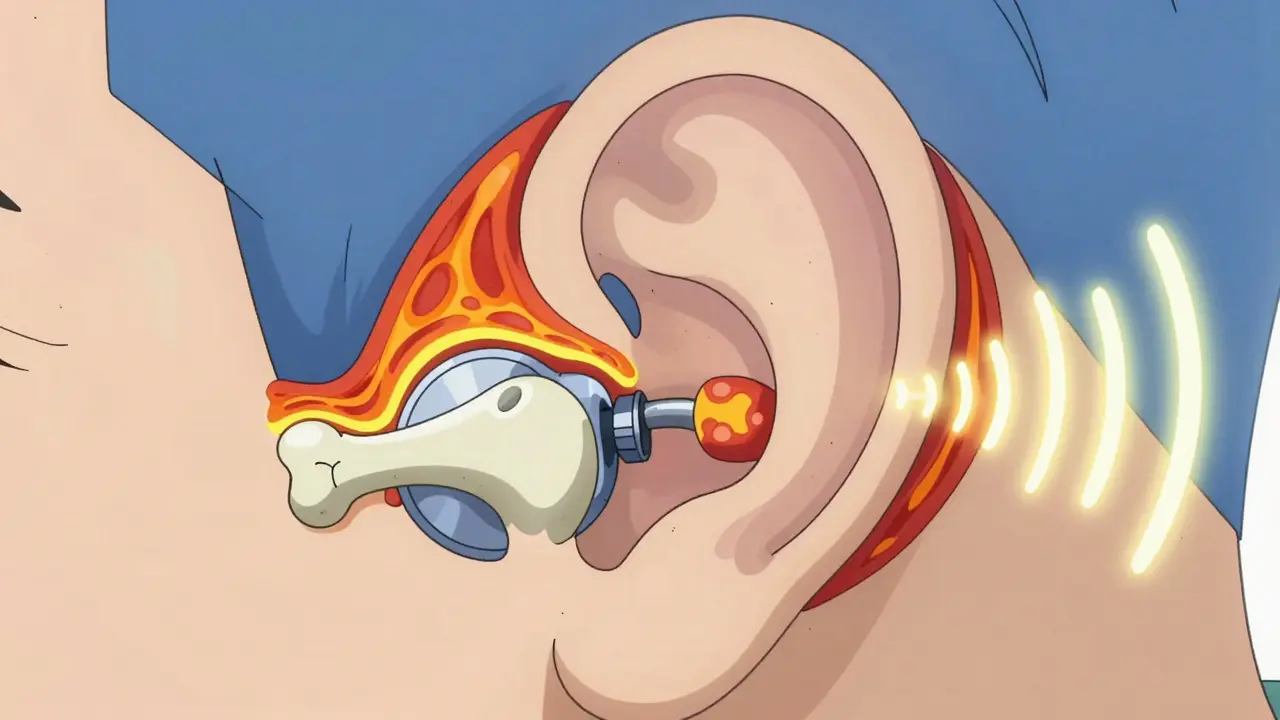 Cross-section of ear showing fused stapes bone blocking sound