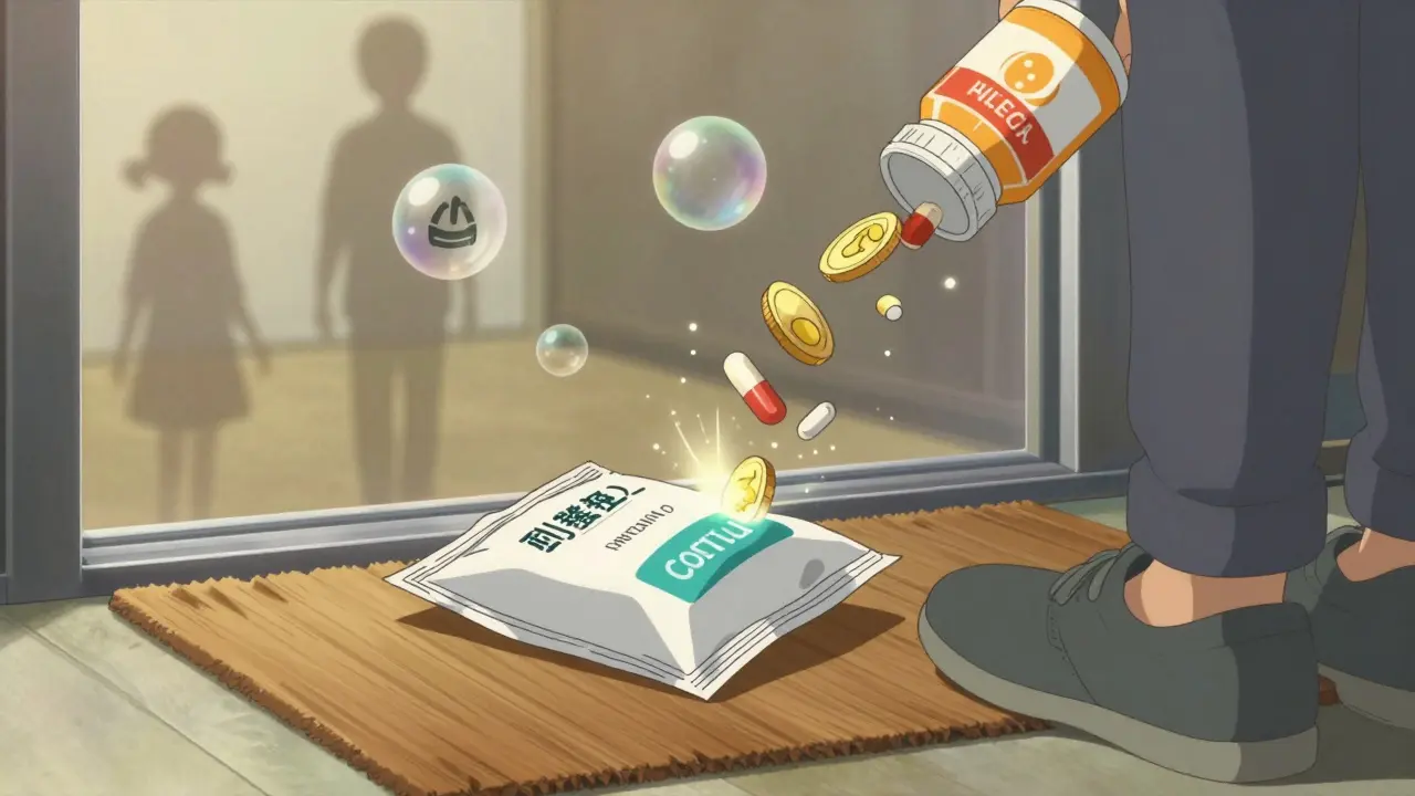 Discreet medication package on doorstep with savings symbols