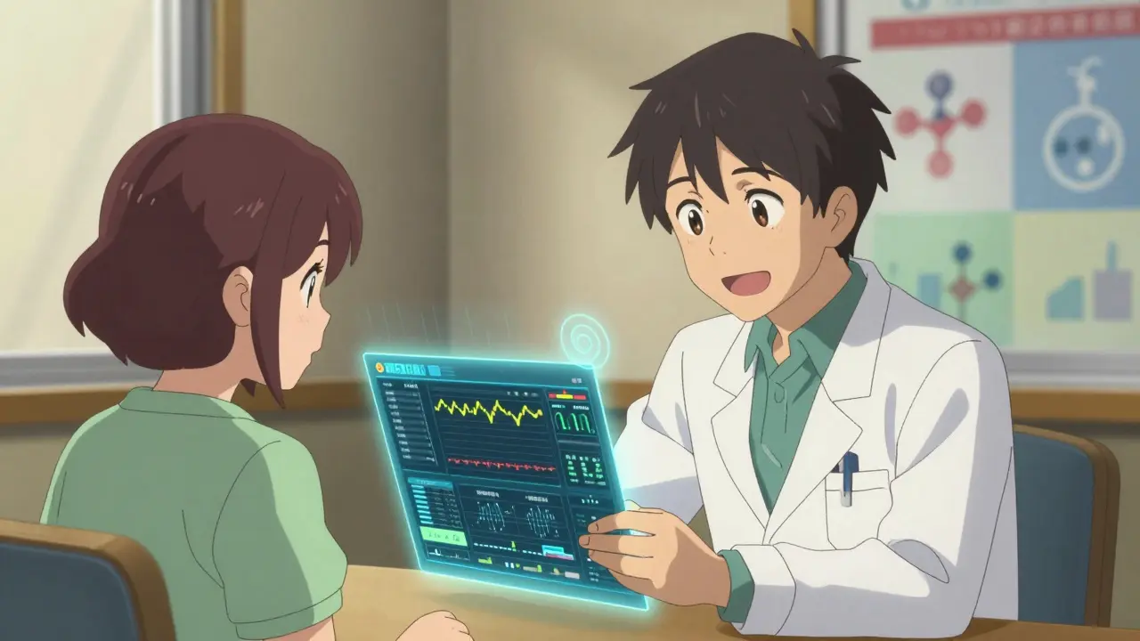 Doctor and patient discussing health metrics with floating holographic data streams.