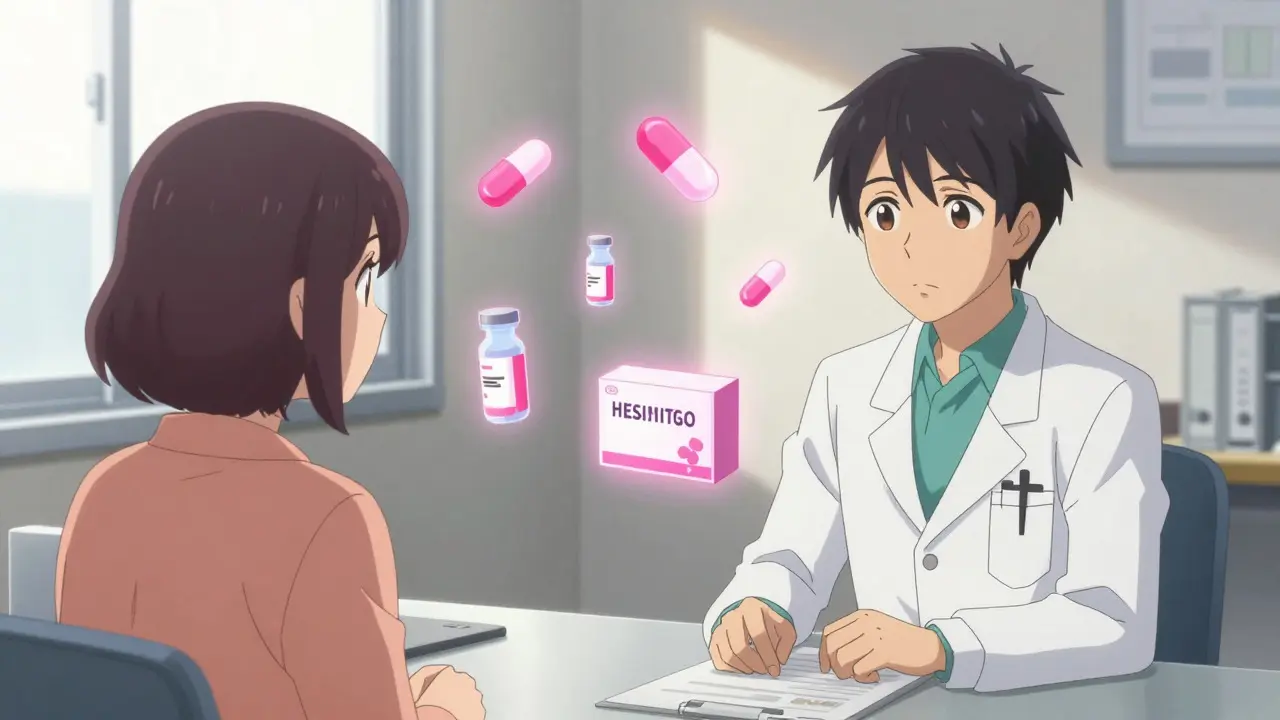 Doctor and patient discussing medication risks with floating pill icons in anime style.