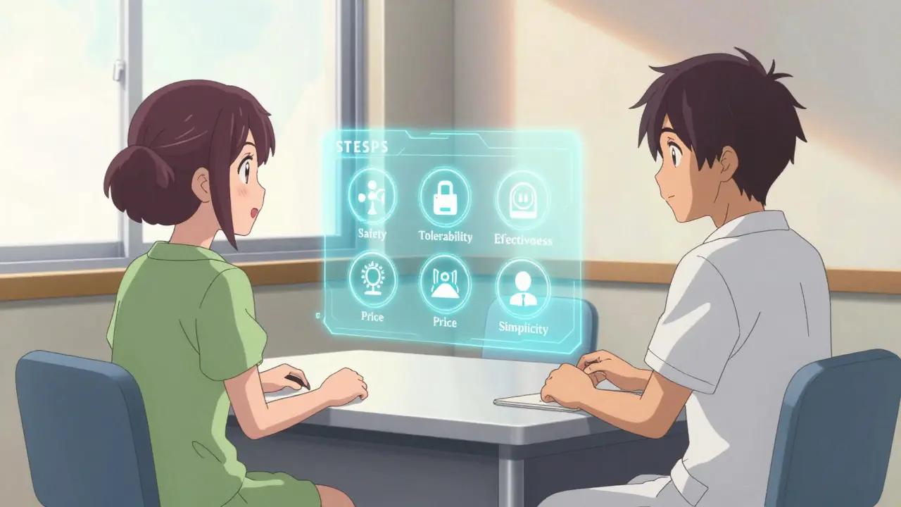 Doctor and patient discussing treatment options using a STEPS framework.