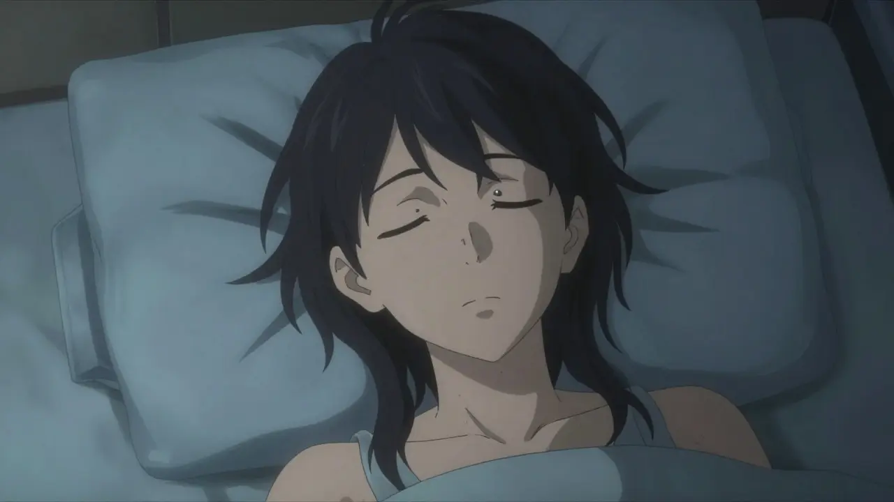 Drowsy anime character with pinpoint pupils warning of opioid overdose