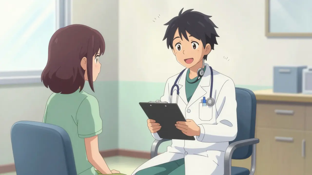 Friendly doctor and patient in stylized telemedicine setting