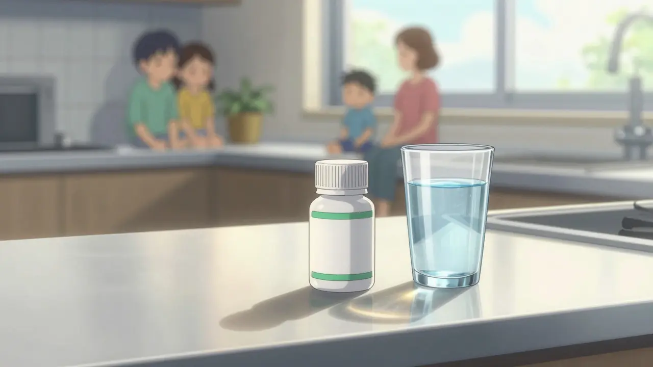 Generic ibuprofen bottle and water on a sunny kitchen counter