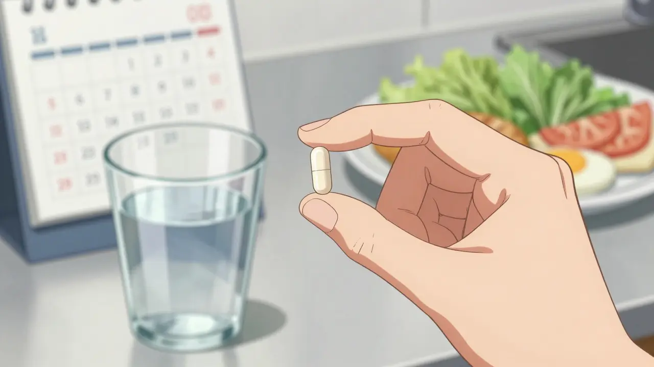Hand holding a weight loss pill with water and breakfast