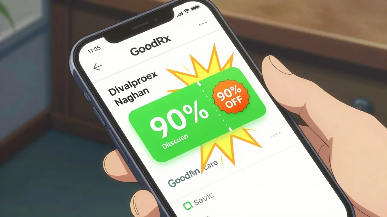 Hand holding phone showing a 90% off prescription coupon