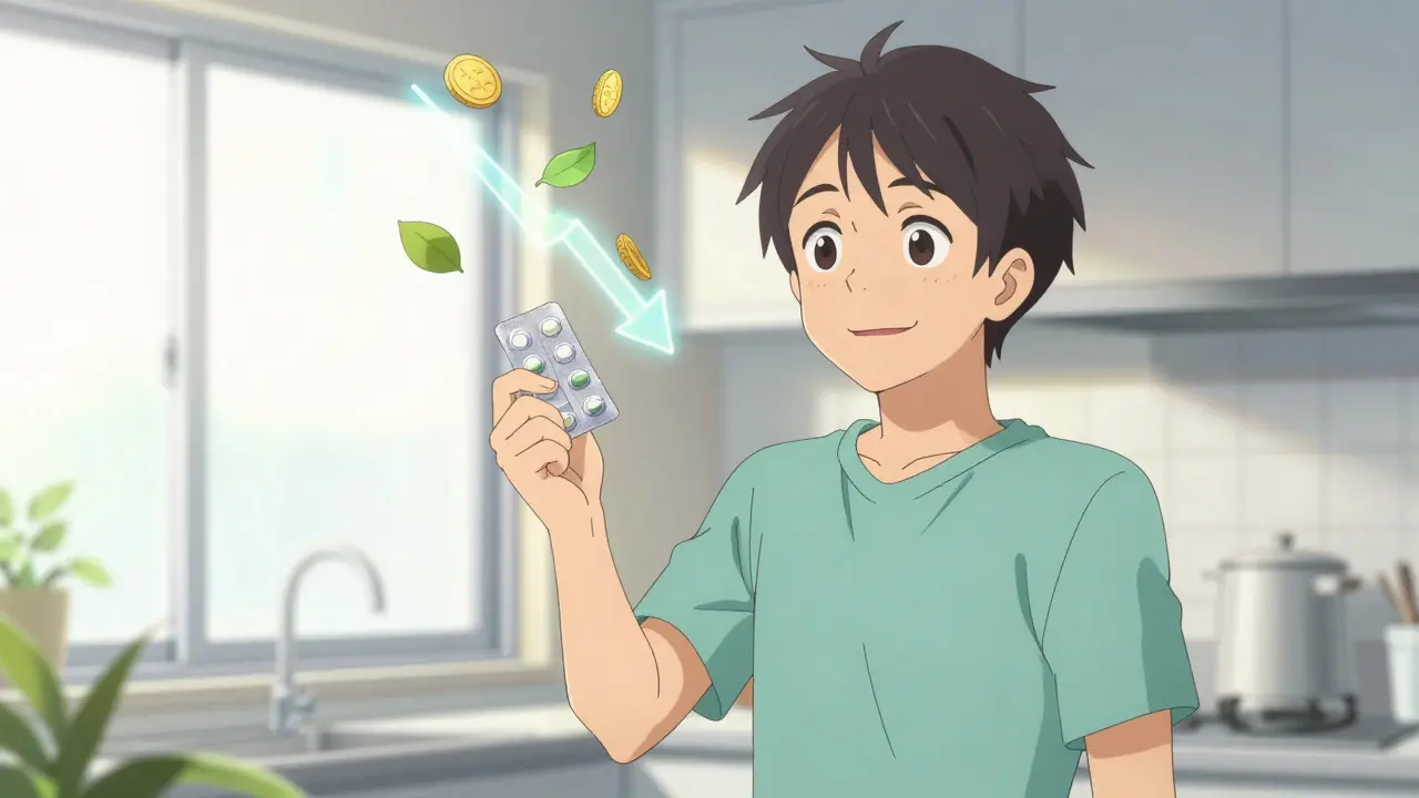 Happy anime character holding pills with floating savings symbols in sunlight